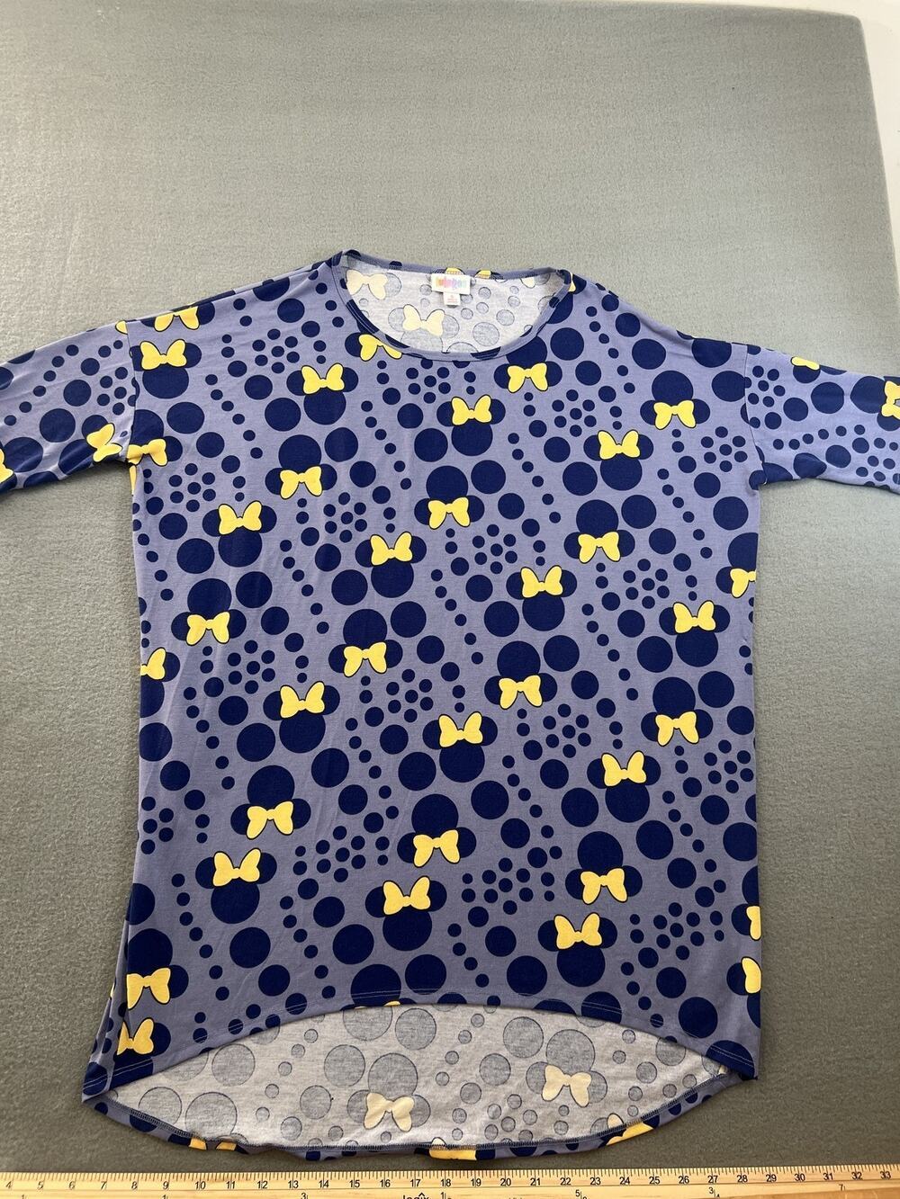 LuLaRoe Irma T-Shirt Size S Purple Disney Minnie Mouse Yellow Bows Tunic